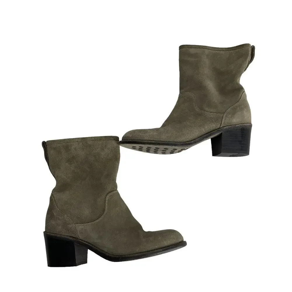 AGL ATTILIO GIUSTI LEOMBRUNI Taupe Tan Suede Ankle Chunky Heel Slouch Boots 37.5